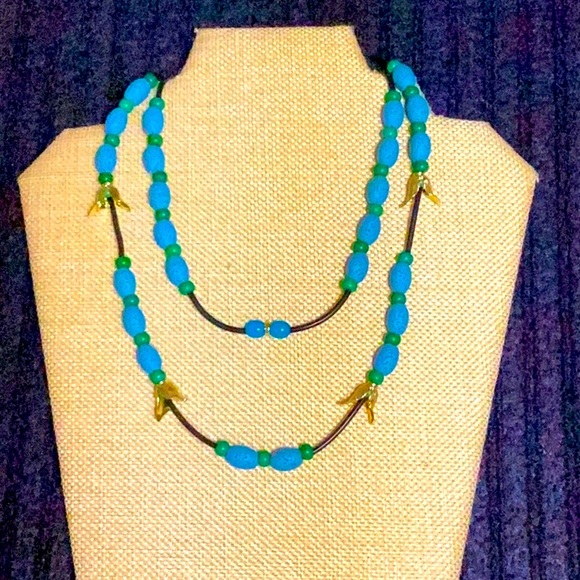 Handmade Jewelry - Gold Petals Green Turquoise Blue Lava Necklace